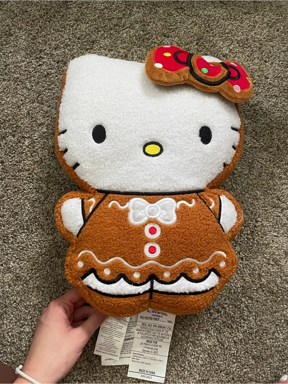 Hello Kitty Gingerbread Plush Pillow - White, Brown & Red